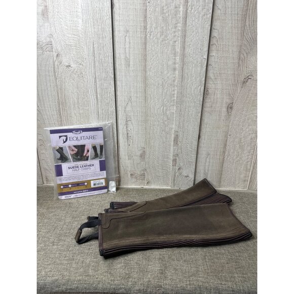 Tough 1 Equitare Pre-Shaped Suede Leather Half Chaps Large Brown - Picture 2 of 7